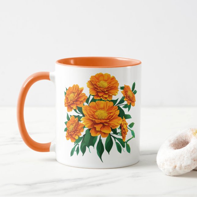 Taza Naranja Marigold Bouquet con hojas verdes (Con donut)