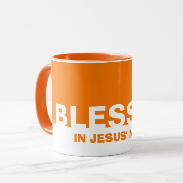 Taza Naranja Moderno BENDIDO En Nombre De Jesús Cristia (Anverso izquierdo)