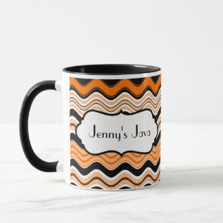 Taza Naranja, negro, franjas onduladas blancas