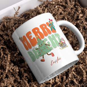 Taza Naranja Retro Merry Bright Custom Name Navidades