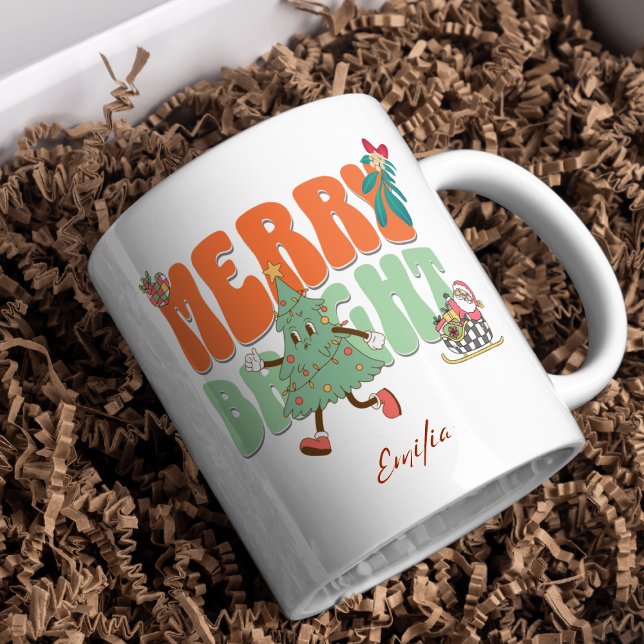 Taza Naranja Retro Merry Bright Custom Name Navidades (Subido por el creador)