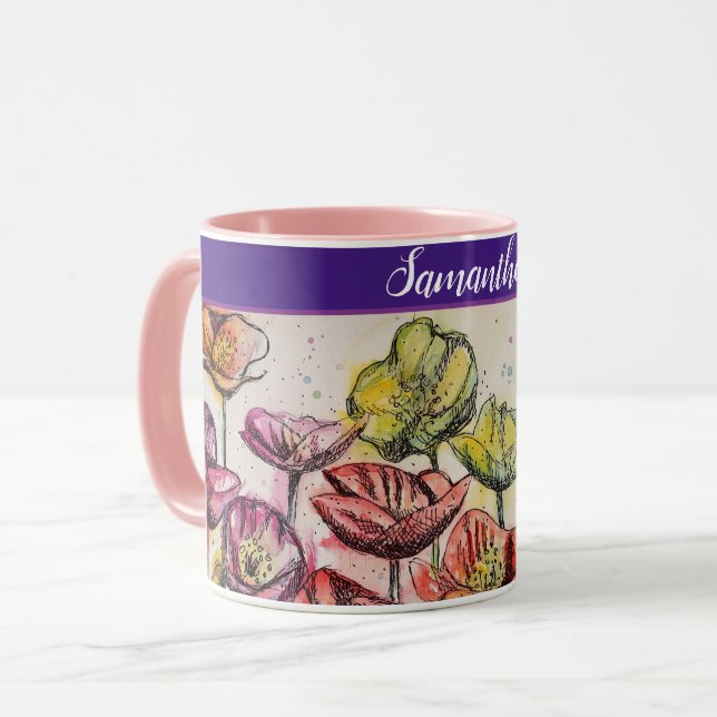 Taza Naranja Rojo Flores de amapola Amarilla Poppies Fl (Anverso izquierdo)