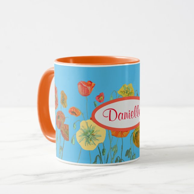 Taza Naranja Shabby Azul Poppy Poppies Watercolor Mug (Anverso izquierdo)