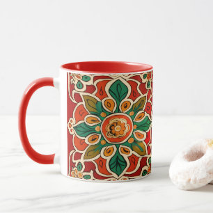 Taza Naranja Verde Rojo Azulejos Amarillo Patrón Floral