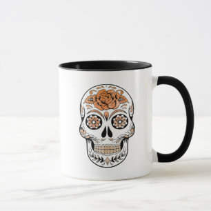 Taza Naranja y Black Sugar Skull y Rosa Halloween