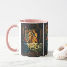 Taza Natividad navideña vintada, niño Jesús en el pecho
