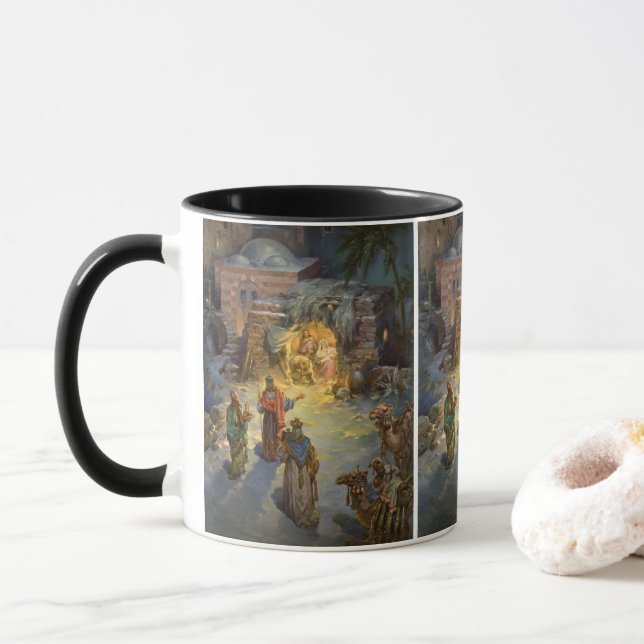 Taza Natividad navideña vintage con Magi visitante (Con donut)