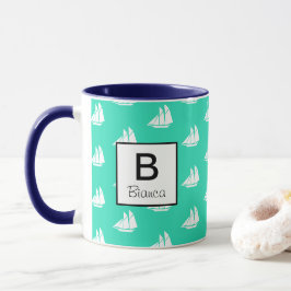 Taza Náutica blanca y verde marino personalizadas