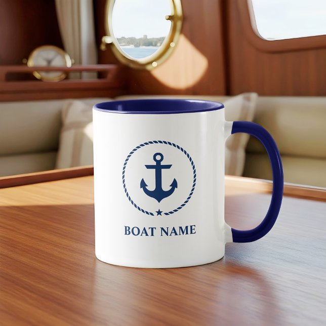 Taza Nautical Bote Nombre Anchor Rope Azul (Customize to change text size or text style.)