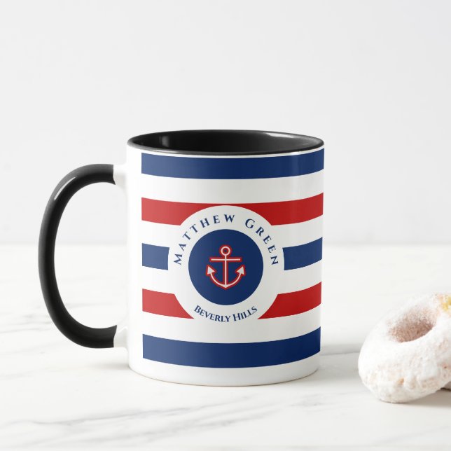 Taza Nautical Marine Navy Blue Red White Stripes Anchor (Con donut)