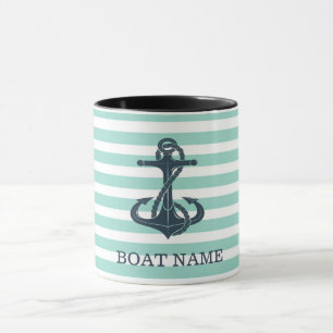 Taza Náutico,Ancla,Rayas Verde Menta