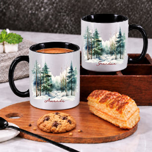 Taza Navidad bosque de pinos verde agua adorable