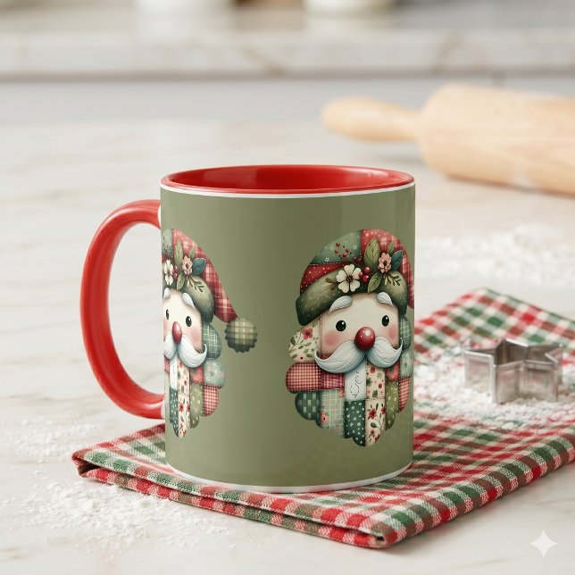 Taza Navidad caprichosa de Santa con parches de estilo  (Whimsical Patchwork Santa Folk Christmas Mug)