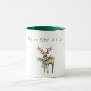 Taza Navidad Ciervo Marrón Rústico Crema Verde