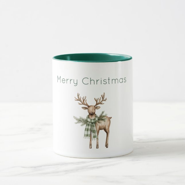 Taza Navidad Ciervo Marrón Rústico Crema Verde (Centro)
