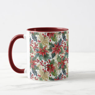 Taza Navidad con patrón de poinsettia y acebo en acuare