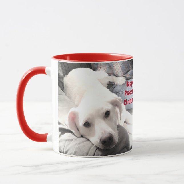 Taza Navidad Feliz Tranquila Blanca Perrita Roja (Izquierda)