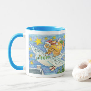 Taza Navidad linda con conejo como Santa Claus en búho