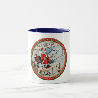 Taza Navidad Santa que vuela un aeroplano viejo