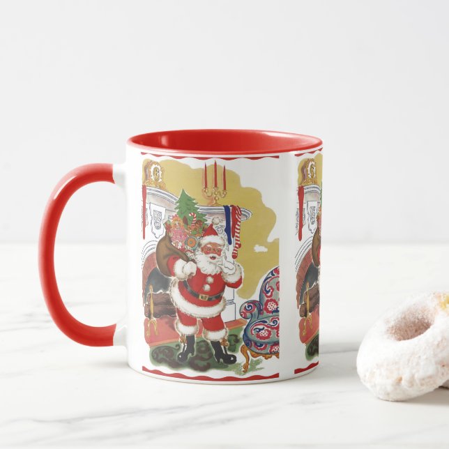 Taza Navidad Vintage, Alegre Santa Claus con Regalos (Con donut)