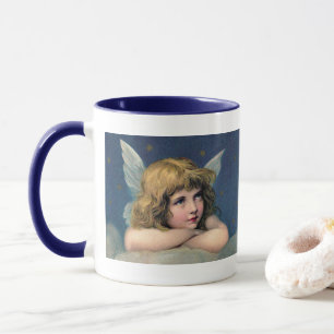 Taza Navidad Vintage, Ángel Hermoso con Estrellas Dorad