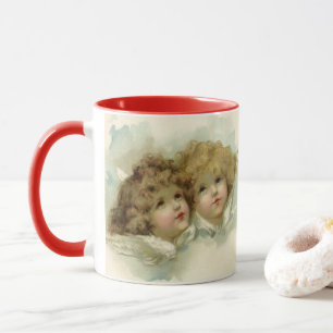 Taza Navidad vintage, ángeles victorianos en las nubes