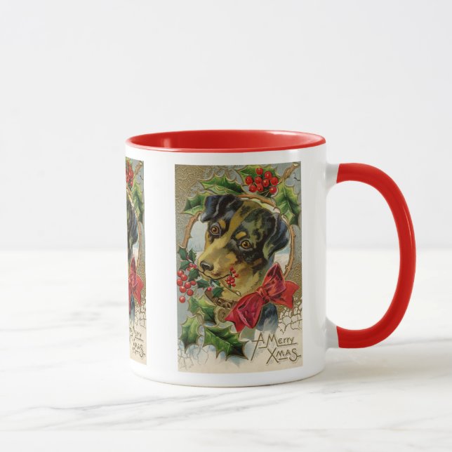 Taza Navidad Vintage, cachorro Dachshund con acebo (Derecha)