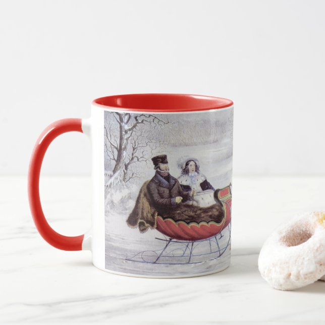 Taza Navidad Vintage, Invierno Camino, Caballo Sleigh (Con donut)