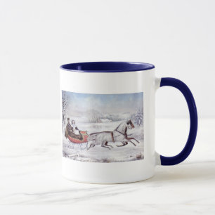 Taza Navidad Vintage, Invierno Camino, Caballo Sleigh