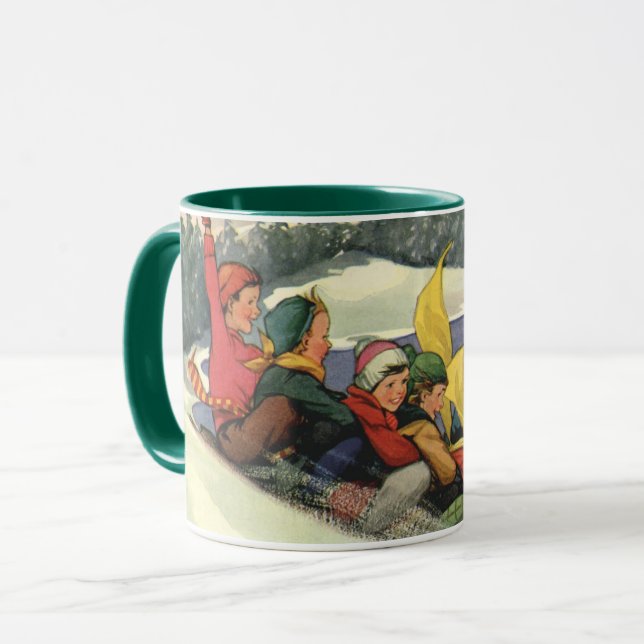 Taza Navidad vintage, niños descansando en una montaña (Anverso izquierdo)
