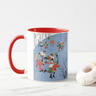 Taza Navidad vintage, niños patinando hielo en un lago