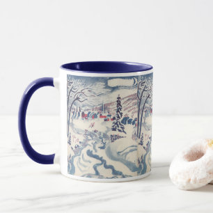 Taza Navidad Vintage, paisaje nevado con pueblo inverna