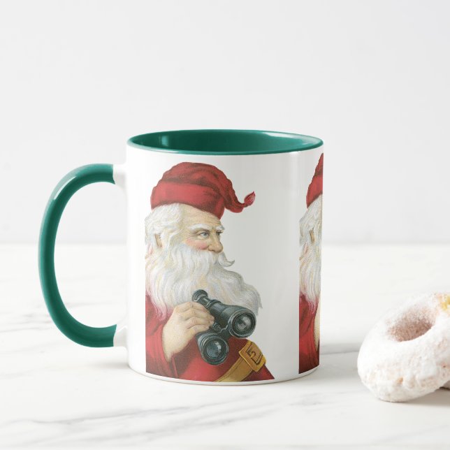 Taza Navidad Vintage, Papá Noel con prismáticos (Con donut)