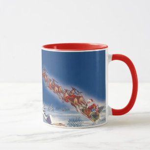 Taza Navidad Vintage, Santa volando en su trineo con re