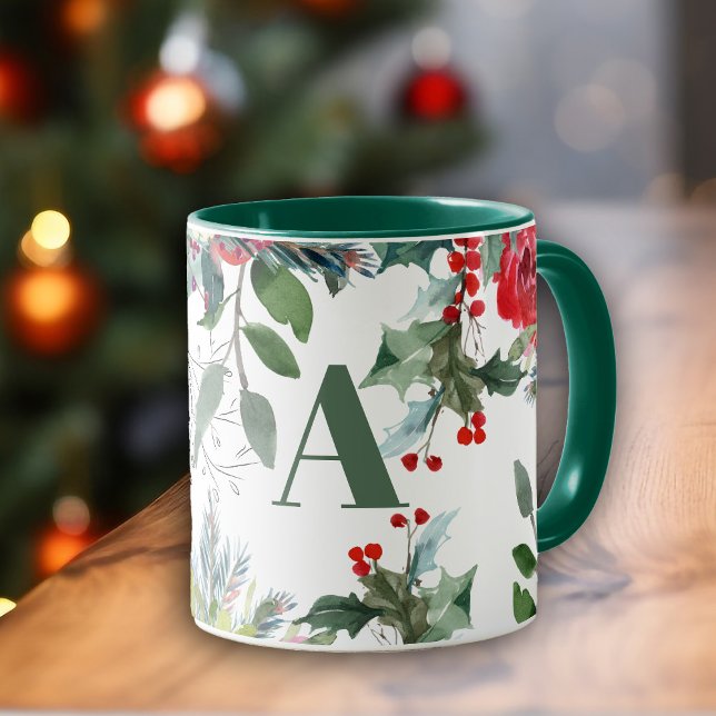 Taza Navidades acuarelas elegantes monograma verde flor (Subido por el creador)