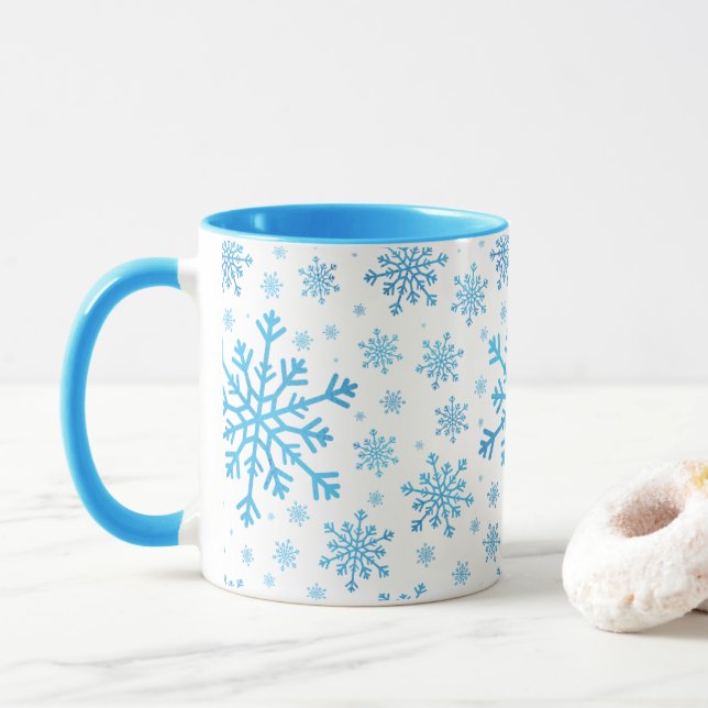 Taza Navidades azules bonitos con copos de nieve en bla (Con donut)