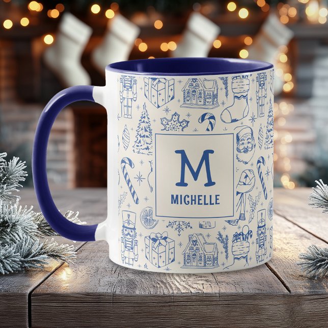 Taza Navidades azules Doodle Monograma y nombre (Subido por el creador)