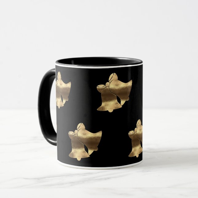 Taza Navidades Bells Black and Gold Pattern Elegant Mug (Anverso izquierdo)