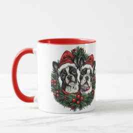 Taza Navidades Boston Terrier Dogs Holiday Wreath