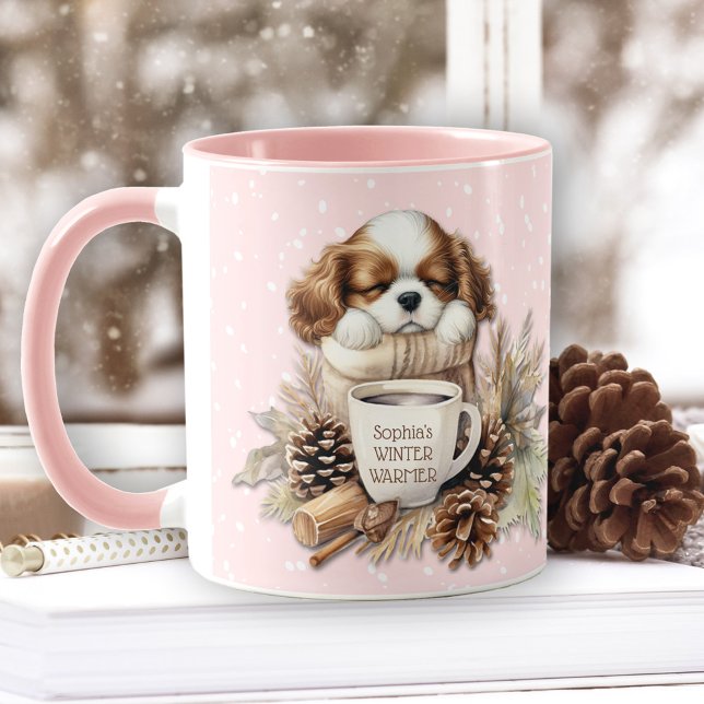 Taza Navidades Caballero Rosa de Invierno Rey Charles P (Christmas Winter Pink Cavalier King Charles Puppy Mug)