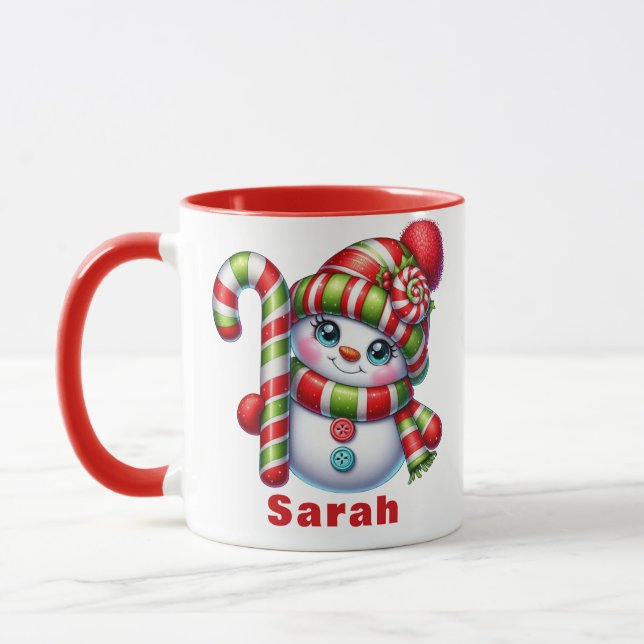 Taza Navidades Candy Cane Snowman Nombre personalizado (Izquierda)