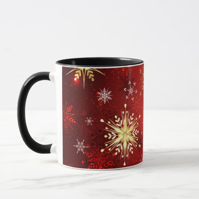 Taza Navidades Copos de nieve dorados con fondo rojo (Izquierda)