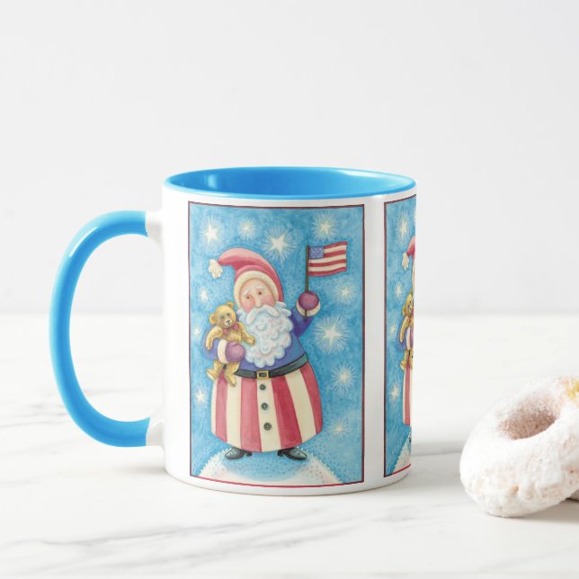 Taza Navidades cortos, Papá Noel Patriótico con bandera (Con donut)