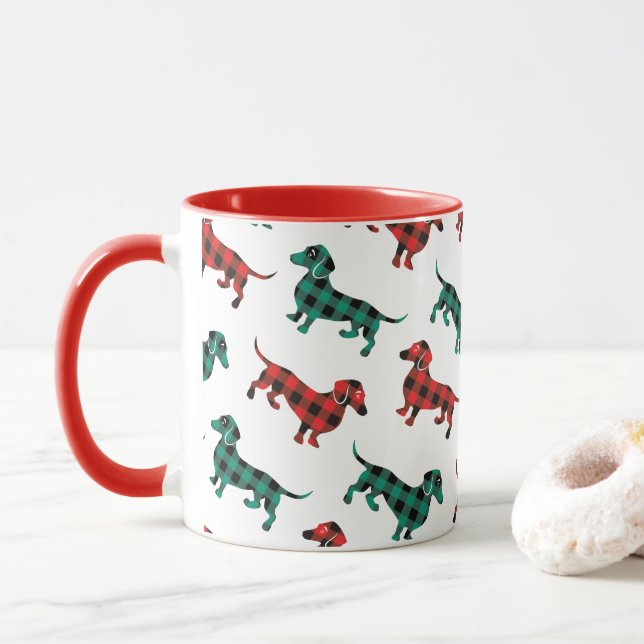 Taza Navidades Dachshunds de Buffalo Plaid Tartán (Con donut)
