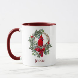 Taza Navidades de acuarela Cardinal Wreath Nombre perso