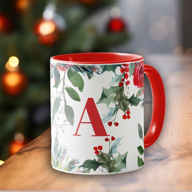 Taza Navidades de acuarela elegante monograma rojo (Subido por el creador)