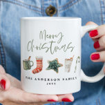 Taza Navidades de acuarela galletas beben caramelos<br><div class="desc">Un divertido diseño de tazas festivas con favoritos acuarelas de invierno - chocolate caliente,  caña de caramelo,  caldo de leña. Feliz Navidad con letra de escritura contemporánea,  perfecta para celebrar la temporada navideña. puede ser editada,  parte de una colección.</div>