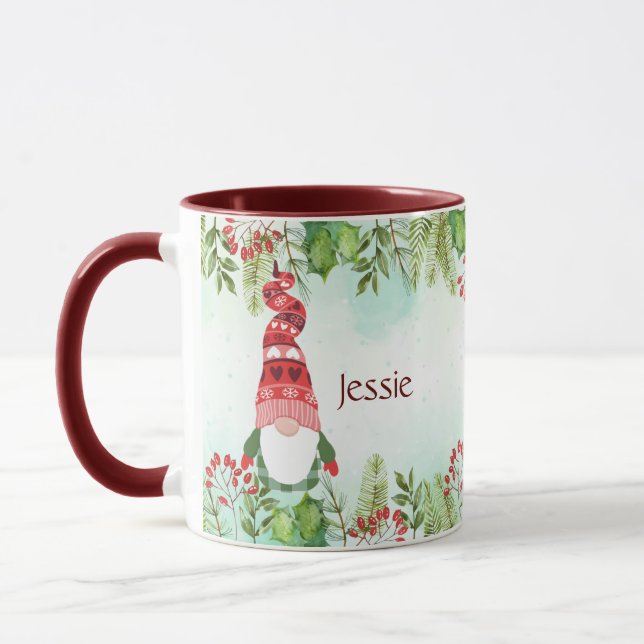 Taza Navidades de acuarela Gnome Nombre personalizado (Izquierda)