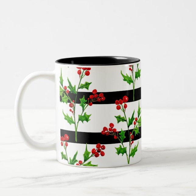 Taza Navidades de acuarela Holly Modern Stripe Pattern (Izquierda)