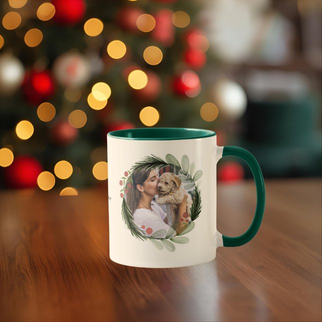 Taza Navidades de acuarela Wreath Calligraphy Dog Photo (Subido por el creador)